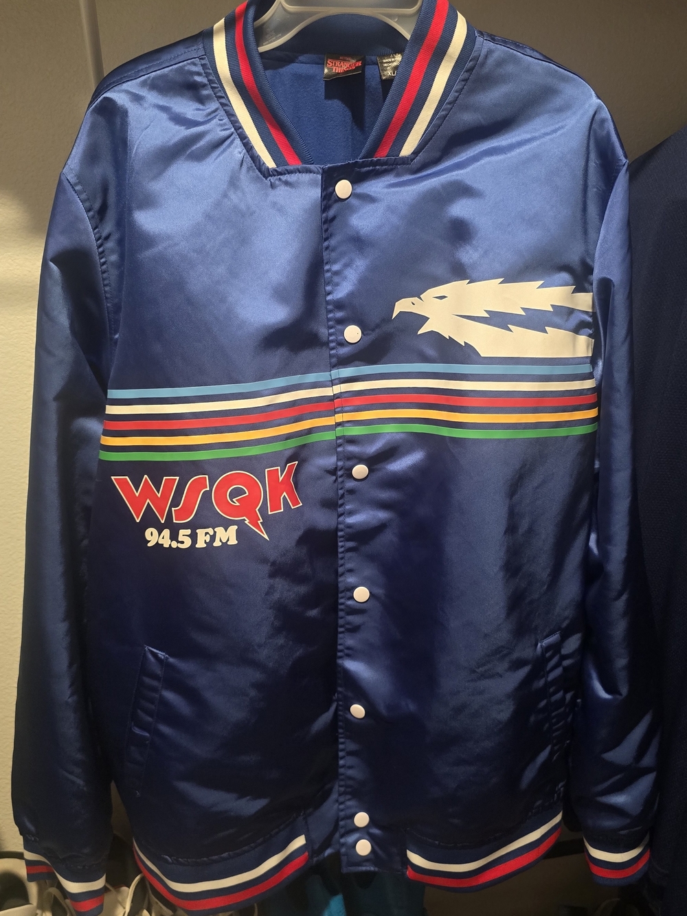 Netflix Blue Satin Varsity Jacket with Red & White Accents